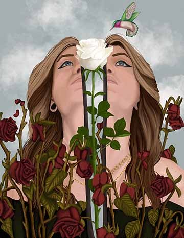 An illustration of a young female figure with her head tilted up towards the sky. She is split down the middle and a white rose is in the middle of her. In the foreground, there are wilting red roses. Above the girl is a bright green hummingbird, pointing towards the white rose. The background has more wilting red roses and filled with clouds. 