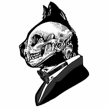 This is a black and white digital piece of a side profile of a cat’s silhouette. Inside the cat&#039;s silhouette, the cat&#039;s skull is depicted by stippling  and dark lines. The cat is also wearing a tuxedo and bowtie.  