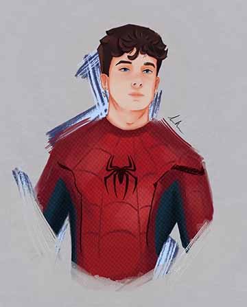 This is a digital representation of spide-man. The person illustrated in this piece isn’t the actor, it&#039;s a friend. His body and arms stop at the navel and forearm. He is surrounded by gretrual strokes of shades of blues, reds and greys. 