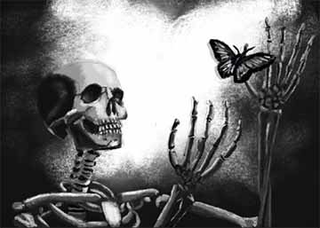This is a black and white illustration of a quarter view of a skeleton trying to catch a butterfly. 
