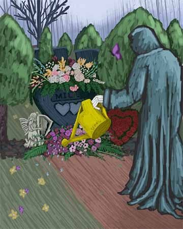 This is an illustration of the grim reaper watering my late mothers grave. The background depicts a gloomy spring day. 