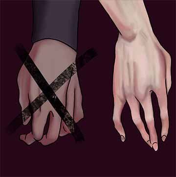 This is an illustration of two hands, cut off at the wrist. One is a female and the other is male. The male hand has a black x over it and the opacity is lowered. 