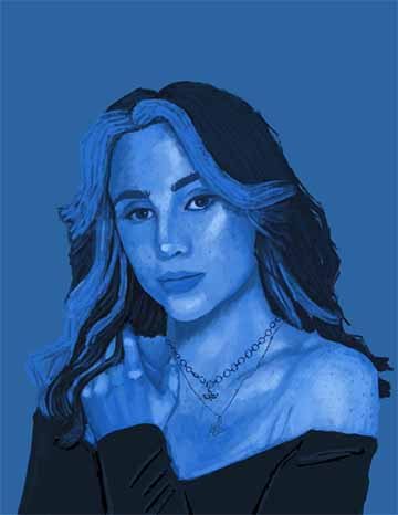 An illustration of a young female figure in different hues of blue. She has long curled hair.  Her hand crosses over her chest and lays on her shoulder. She is wearing a black long sleeve shirt and a honeycomb necklace. 
