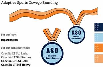 This is a page of a brand development for an fictitious business, Adaptive Sports Oswego. The images on this board include the logo which is an orange and blue medal with the name. This also includes the color scheme used for the business, oranges and blues, as well as the typefaces that can be used for the logo as well as print materials. 