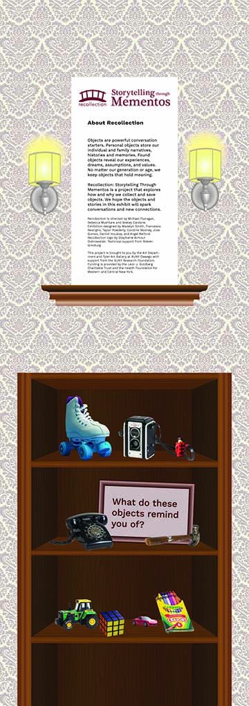 This large scale exhibition intro panel has a home setting, with a bookcase with imagery to evoke storytelling. Above the bookcase is a shelf with an image containing information about the exhibit. Alongside the image are small sconces atop a wallpapered wall.