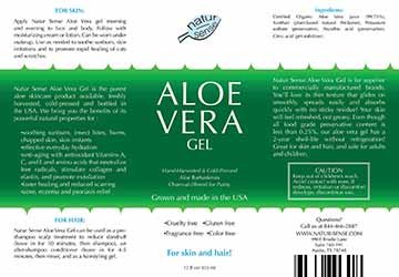 This piece is a label for Aloe Vera gel. It has green Aloe Vera leaves across the entire center, as well as information about the product split into sections. Complete with a blue Natur Sense logo at the top.