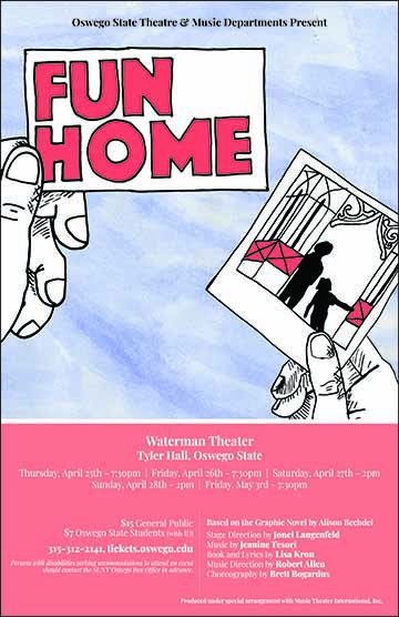 This poster is a promotional material for the musical Fun Home. it includes a hand drawn image of a hand holding up a polaroid of a silhouette of a daughter and her dad under a gateway. The background is a light blue watercolor, and the bottom section is a bright pink with information about the show. 