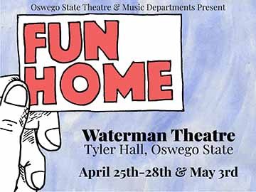 This piece has a blue watercolor background with a hand drawn image of a hand holding up the title of the play “Fun Home” along with text with information about the SUNY Oswego show. 