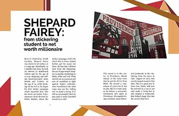 This first spread has visual elements including shapes referring to the work of Shepard Fairey. An image on the second page of a mural by the artist ties in with the text.