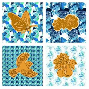 This piece is 4 squares, with the backgrounds of the squares patterned blue stamped images from body parts and paint. On top of the patterns are 4 visual images, a butterfly, roses, a bird, and pears, in orange/yellow colors. 