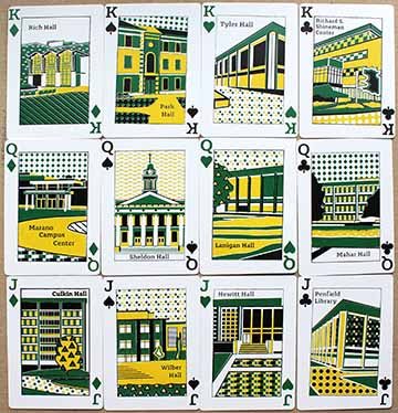 Photograph of screen printed playing cards. The face cards feature stylized depictions of buildings from the SUNY Oswego campus. 