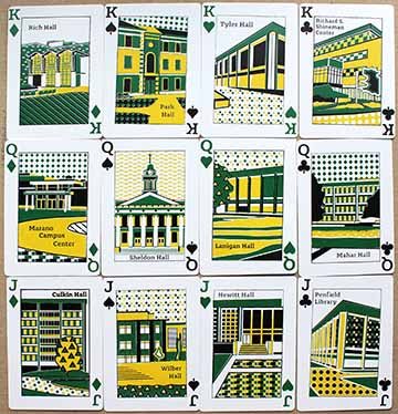 Photograph of screen printed playing cards. The face cards feature stylized depictions of buildings from the SUNY Oswego campus. 