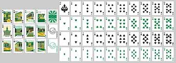 Photograph of screen printed playing cards. The face cards feature stylized depictions of buildings from the SUNY Oswego campus. 