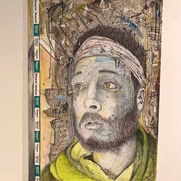 “Self Portrait” is a mixed media piece on canvas constructed using acrylic paint, ink, graphite, and collaged pieces of newspaper and Newport boxes. The focal point of this piece is the portrait of myself that consists of blue paint with small random ink lines and splatters along with some shading with graphite. The piece has an overall street art appeal to it and the small messages written throughout the piece were thoughts that came to my head while I was working.