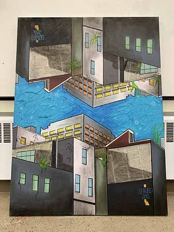 “Flip the Block” is a mixed media piece created on a 36”x48” canvas originally covered with bunched up stencil paper, and later painted over with a mix of acrylic paint, water acrylic, charcoal, and newspaper. The buildings in the piece are from a photograph I took of the Barclay Damon Building in downtown Syracuse. The building is flipped upside down and reversed to give the feeling of an underwater reflection. 