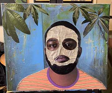 “Blue” is the first piece of a small collage series titles “Masks”. This piece, along with the series as a whole is very vibrant using bright contrasting colors between the figure and the background. The face of the figure is made using newspaper to create the shape of the face collaged with cut out eyes, mouth, contour lines, and hair from a digital photograph. The background is primarily two shades of blue with light charcoal shading, and random sporadic splatters of different color acrylic paint.