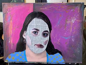 “Pink” is the second piece of a small collage series titles “Masks”. This piece, along with the series as a whole is very vibrant using bright contrasting colors between the figure and the background. The face of the figure is made using newspaper to create the shape of the face collaged with cut out eyes, mouth, contour lines, and hair from a digital photograph. The background is primarily two shades of pink with light charcoal shading, and random sporadic splatters of different color acrylic paint.
