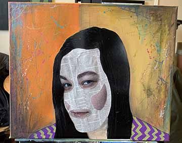 “Yellow” is the final piece of a small collage series titles “Masks”. This piece, along with the series as a whole is very vibrant using bright contrasting colors between the figure and the background. The face of the figure is made using newspaper to create the shape of the face collaged with cut out eyes, mouth, contour lines, and hair from a digital photograph. The background is primarily two shades of yellow/orange with light charcoal shading, and random sporadic splatters of different color acrylic pai