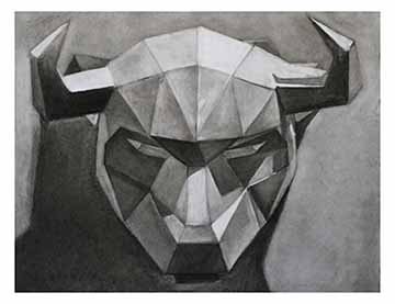 This piece is a greyscale observational charcoal drawing of a paper Bullhead. The bullhead itself is geometrically constructed and resembles a mask. The mask that this was drawn from was cut and glued together so the bullhead is very hard edged and geometric. There is a light course coming from above that casts a strong shadow to the left of the head. 