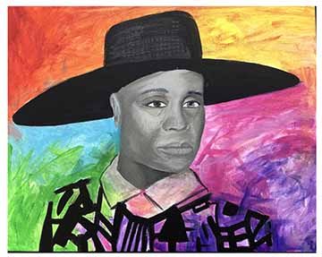 This piece is a Grayscale portrait of actor and LGBTQIA+ activist Billy Porter. The background is painted in six distinct patches of vibrant colors of the rainbow. Billy is depicted with a large, black floppy hat that stretches from either side of the canvas panel. His shirt is highly geometrically patterned and the painting has been manipulated so the background colors and this geometric pattern interact. 