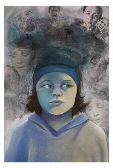 This piece is a self portrait with a female figure as a frontal, foreground subject. The figure herself and the overall color scheme of the piece is very cool. The figure is divided into a more cool, blue side and a slightly warmer, more pale yellow side. This piece was highly inspired by Picasso’s self-portrait from his blue period. 