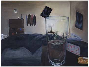 This piece is a bedroom scene with a clear moldy cup, as the focal point. The cup is sitting on the nightstand and is very close in the foreground in relation to the viewer. Also on the nightstand is an orange, semi-transparent medicine bottle and an alarm clock that reads 4:03pm and is slightly skewed by the refraction of the cup. The color scheme of the piece is very dark with much of Payne&#039;s grey, dark blues, pale yellow, ocres, and dark browns.