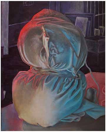 This piece is a still life painting of a pillow that has been manipulated with tape, string and extra stuffing for the visual interest. The lighting has been manipulated so it is very saturated and colorful. So there are three distinct light sources hitting the pillow, a bright red coming down from the top left,  a teal-blue coming up from the bottom right, and a more natural, yellow light coming from the frontal direction of the viewer. 
