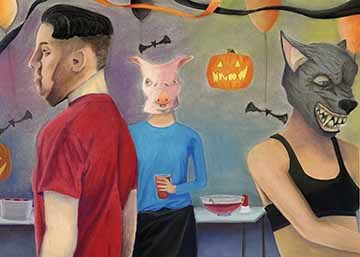 This piece depicts a halloween party with three different figures. One figure is depicted deeper in the background, centered in the image wearing a pig mask. The second figure is closing in the foreground, facing away from the first figure outward to the right at a three-quarter view wearing a wolf mask. The third figure is facing away from the first figure, and the second toward the left. This figure is wearing a red T-shirt and a mask of Kim jun-Un. The piece is meant to give the feeling of being alone in