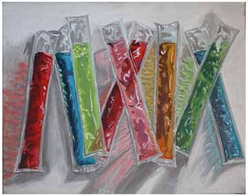 This piece is a still life of 8 popsicles that are scattered from left to right. There is a red popsicle all the way to the left at a slight diagonal with the bottom jutting out to the left. Consecutively from there going right, there is a blue popsicle. Then a lime green popsicle snug against the blue popsicle parallel with it. Next there is a pink and red popsicle overlapping in an “X”. Lastly there is a green and then blue popsicle which overlap to almost make an upside down “V” shape. The overall still 