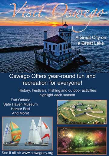 The title Visit Oswego is in a script font. The color of the text is orange picked from colors in the image that it sits on. To make the text stand out more there is a white stroke around the text. The top image is a picture of Lake Ontario&#039;s lighthouse with the sunset behind it. Below the top image the background color is a blue that is also drawn from the image above. On the bottom half there are three more pictures showing different events Oswego has to offer. The images are showing fireworks from Harbor