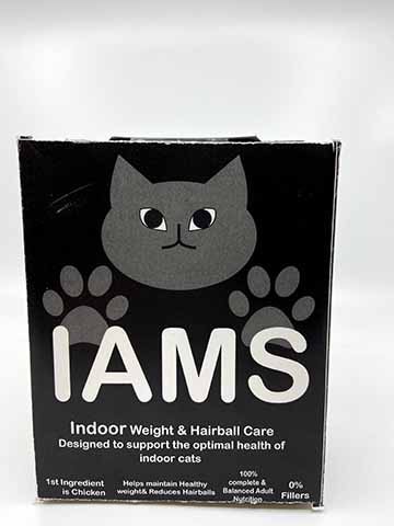The box is black with a little animated cat on the front as the logo. The cat is in a lighter grayish color so it doesn&#039;t stand out too much. The paws of the cat sit behind the name of the company, Iams. 