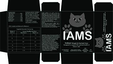 The box is black with a little animated cat on the front as the logo. The cat is in a lighter grayish color so it doesn&#039;t stand out too much. The paws of the cat sit behind the name of the company, Iams. 