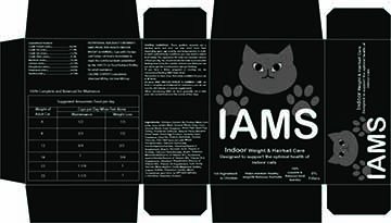 The box is black with a little animated cat on the front as the logo. The cat is in a lighter grayish color so it doesn't stand out too much. The paws of the cat sit behind the name of the company, Iams. 