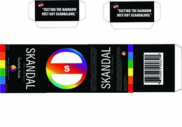 Skandal is based on the candy Skittles. It is not candy but an alcoholic beverage. Our packages that we created incorporated parts of the Skittle packaging. The label and box is black with the rainbow dripping down from the top of the can. On each label depending on the flavor there are mini skittles in the color of the flavor, for one there are red skittles representing the strawberry flavor.