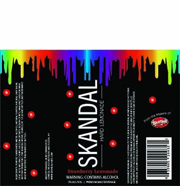 Skandal is based on the candy Skittles. It is not candy but an alcoholic beverage. Our packages that we created incorporated parts of the Skittle packaging. The label and box is black with the rainbow dripping down from the top of the can. On each label depending on the flavor there are mini skittles in the color of the flavor, for one there are red skittles representing the strawberry flavor.
