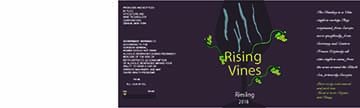 Rising Vines was for a class that makes wines every semester. They are located near the finger lakes. On my label I made the background a darker purple color. In the center of the label I have an outline of a wine glass that is a little darker than the label color, in the wine glass I have the 4 finger lakes. I have the name of the wine in yellow letters with vines with grapes on them coming out of the letters. On the ends of the label I have a level bar showing the sweetness or dryness of the wine, a littl