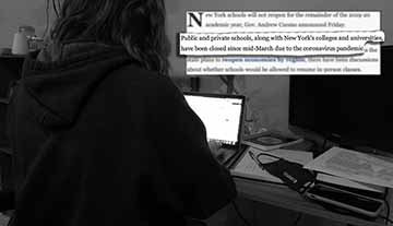 A black and white image of me sitting down at my desk with my computer in front of me to show one way covid has impacted life. On the top right is part of an article explaining how schools have been closed since March. 