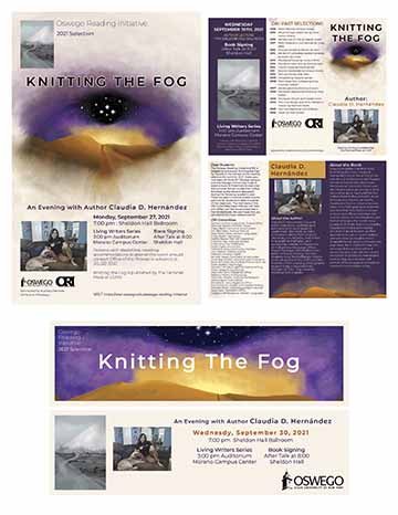 This piece shows the series of the Oswego reading initiative. On the top left side it shows the poster, in the middle of the poster it has an abstract watercolor eye illustration that shows a purple night sky. The iris of the eye is black with white stars surrounding it, the bottom of the eye shows a desert landscape with an orange sunset that transitions into the night sky. In the middle of the brown hills is a path that leads down towards the event info while slowing dissolving away. On the front of the e