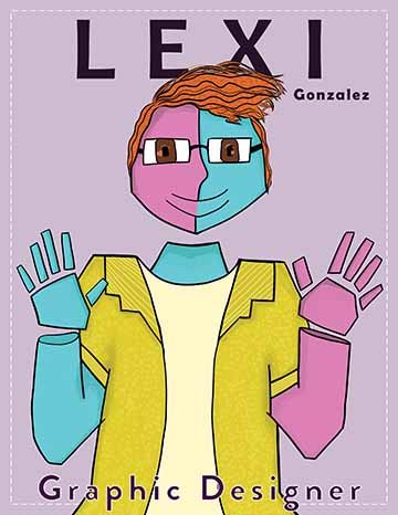 This artwork has a pale purple background with a thin dashed white line around the border. The portrait in the middle is inspired by cubism, with thick black lines for the outlines. The head floats slightly above the neck with blue on one half of the head and pink on the other. The wavy hair is bright orange with dark and light orange lines going through the strands, the facial expression is very happy with simple line work. Lexi is wearing a bright yellow hawaiian style shirt with a pale yellow shirt under