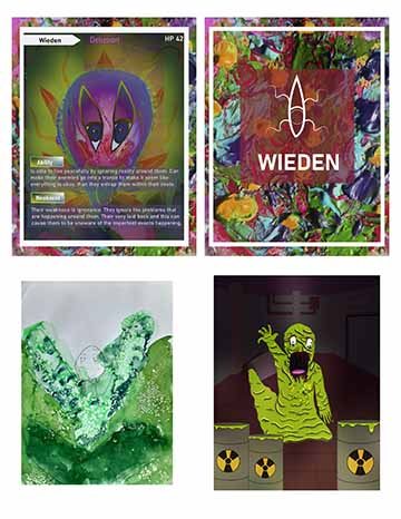 In this image it has multiple artworks showing the different stages and characters of the project. The one on the upper left shows an abstract flower with the colors purple, blue, pink,green and gold. It has a face on it that shows it sticking out its tongue in a playful manner. It then has red and orange leaves and stems growing off of it. The background shows two tree trunks behind it that are glowing green. The front of the card tells the name and the abilities of the character. The card on the upper rig