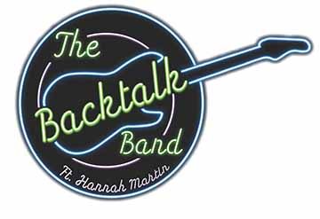 This is a neon logo, it’s outlined in a circle with a guitar going through it in blue and the name of the band “The Backtalk Band” in the middle in green. Below that it says Ft. Hanna Martin in purple. 