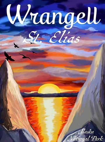 This poster shows a sunset done in a painterly style in the background. The main colors are blues for the clouds near the top and oranges, reds, and yellows for the reflection on the water and the sky above the sunset. The foreground features a mountain on the left and right side of the poster that are grey and blue towards the viewer with some of the colors of the water reflected on the other side of the mountains. In the sky written in white is the name of the park with black birds flying towards it getti