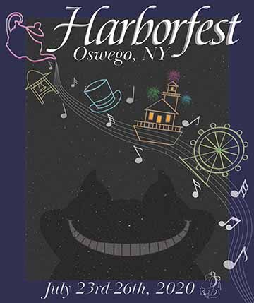 This post has a dark blue border with a black background in the middle with tiny white stars that are scattered. It has a light grey overlay that creates an outline of a cat with a wide smile to mimic the cheshire cat smile. On the left upper corner is an outline of a teapot with musical staffs coming out of it leading down to the bottom right corner. Following the staff is outlines of a yellow bell tower, a blue tophat, an orange lighthouse with green, blue, pink fireworks behind it, and a green ferris whe