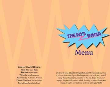 On the outside of the menu there is an orange background with a light orange zig zag going through the middle. On the front there is the restaurant logo, the background is a blue geometrix spiky shape with a pink lightning bolt shape on top of it with the name of the restaurant sitting on top of the bolt. The inside of the menu is purple with various sizes of orange and purple circles around the border. Then it has the different foods and drinks that are served, the names are based off of popular 90’s shows