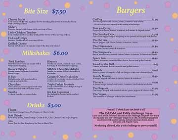 On the outside of the menu there is an orange background with a light orange zig zag going through the middle. On the front there is the restaurant logo, the background is a blue geometrix spiky shape with a pink lightning bolt shape on top of it with the name of the restaurant sitting on top of the bolt. The inside of the menu is purple with various sizes of orange and purple circles around the border. Then it has the different foods and drinks that are served, the names are based off of popular 90’s shows