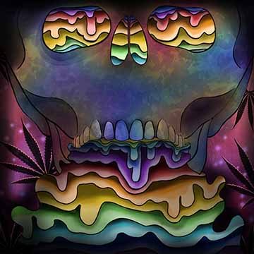 This triptych consists of three square illustrations. The top panel depicts a skull with its mouth open that is oozing with rainbow goo. The skull takes up the center of the composition and is flanked slightly by a pink atmospheric background. The middle panel depicts cartoon clouds that are filled with the same rainbow goo. The background is set up in layers the front most has purple drips, the back has leaves and a deep purple gradient. The bottom panel features an anatomical heart with a plant inside of 