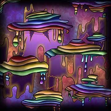 This triptych consists of three square illustrations. The top panel depicts a skull with its mouth open that is oozing with rainbow goo. The skull takes up the center of the composition and is flanked slightly by a pink atmospheric background. The middle panel depicts cartoon clouds that are filled with the same rainbow goo. The background is set up in layers the front most has purple drips, the back has leaves and a deep purple gradient. The bottom panel features an anatomical heart with a plant inside of 