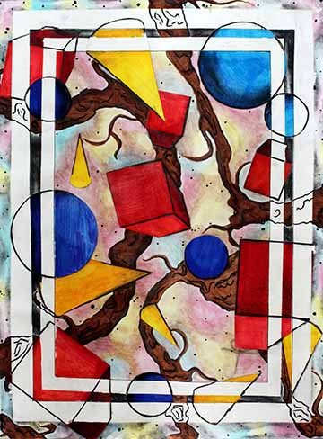 This piece contains various elements floating around the composition interacting with one another and two rectangular frames of negative space. Amongst these elements are geometric forms such as cones, spheres, and cubes. Some appear to be receding in space while others project forward. Organic root like structures move within the piece weaving around the geometric forms. 
