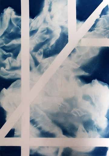 This piece features a cyanotype of tissue paper. Lines of negative space cut across the piece in horizontal, vertical, and diagonal lines sporadically. Behind these lines, there is an organic smoke like texture created by using tissue paper to block certain parts of the exposure.