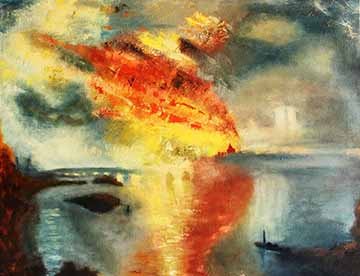 ​​​​​​​This piece is a reproduction based on the work of William Turner. The work depicts a fiery mass off in the distance. The reflection of the fire can be seen in a body of water that takes up the front most of the piece. The bottom edge is flanked with hints of plant life and people watching the fire. The sky is dark and cloudy and, in parts, filled with smoke. 